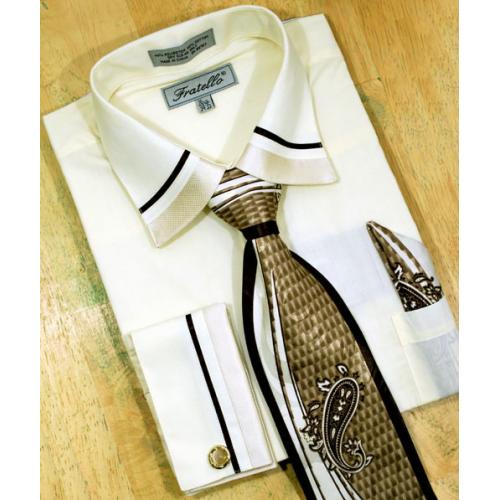 Fratello Cream With Brown Trimming Shirt/Tie/Hanky Set With Free Cuff links FRV4107P2